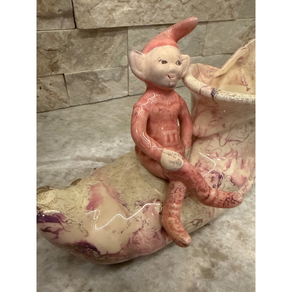 Treasure Craft Pixie Elf on Shoe Planter Pink Purple Marbled Ceramic Vintage - Picture 2 of 12